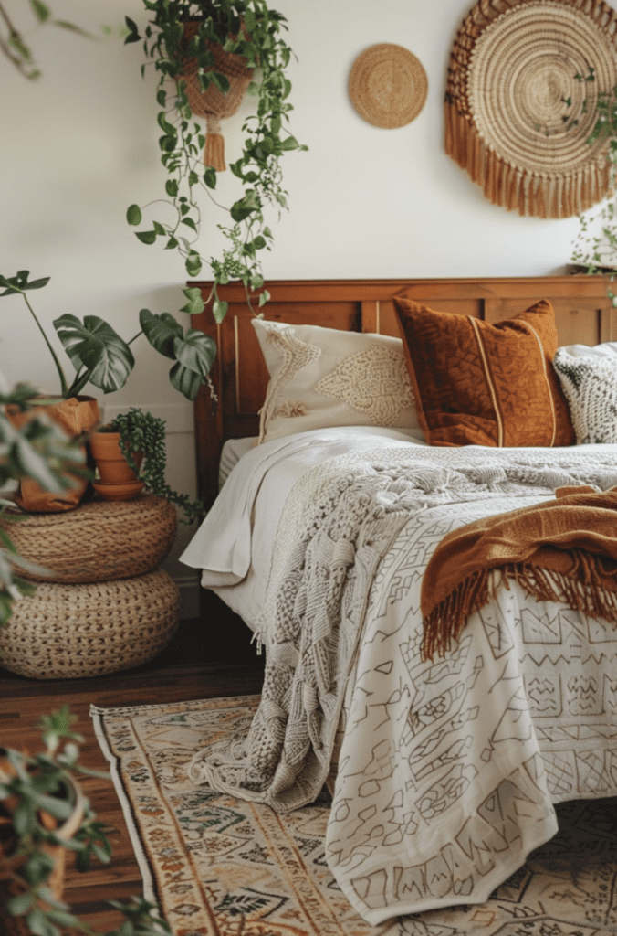 wicker side table with plants and ceramic pots