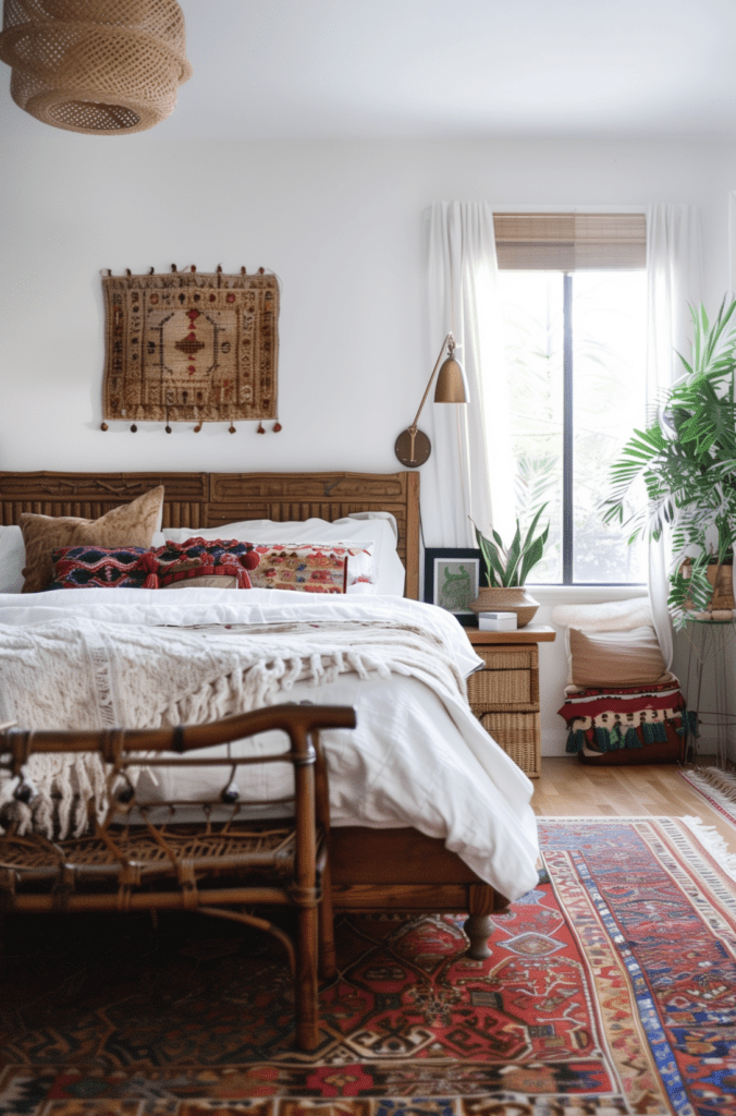 Wooden inlaid headboard paired with boho bedroom decor