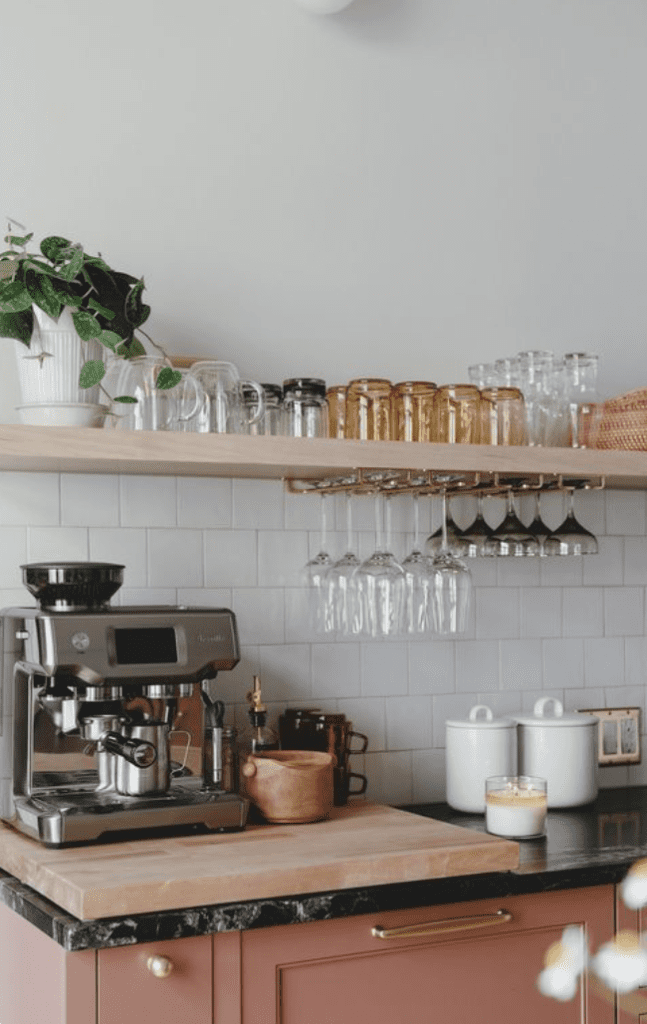 elegant coffee station with modern coffee machine and sturdy wooden base