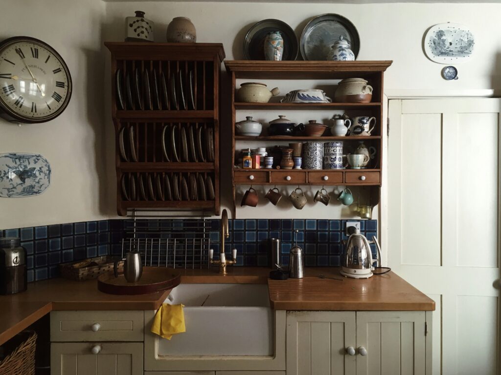 rustic kitchen with white cabinets