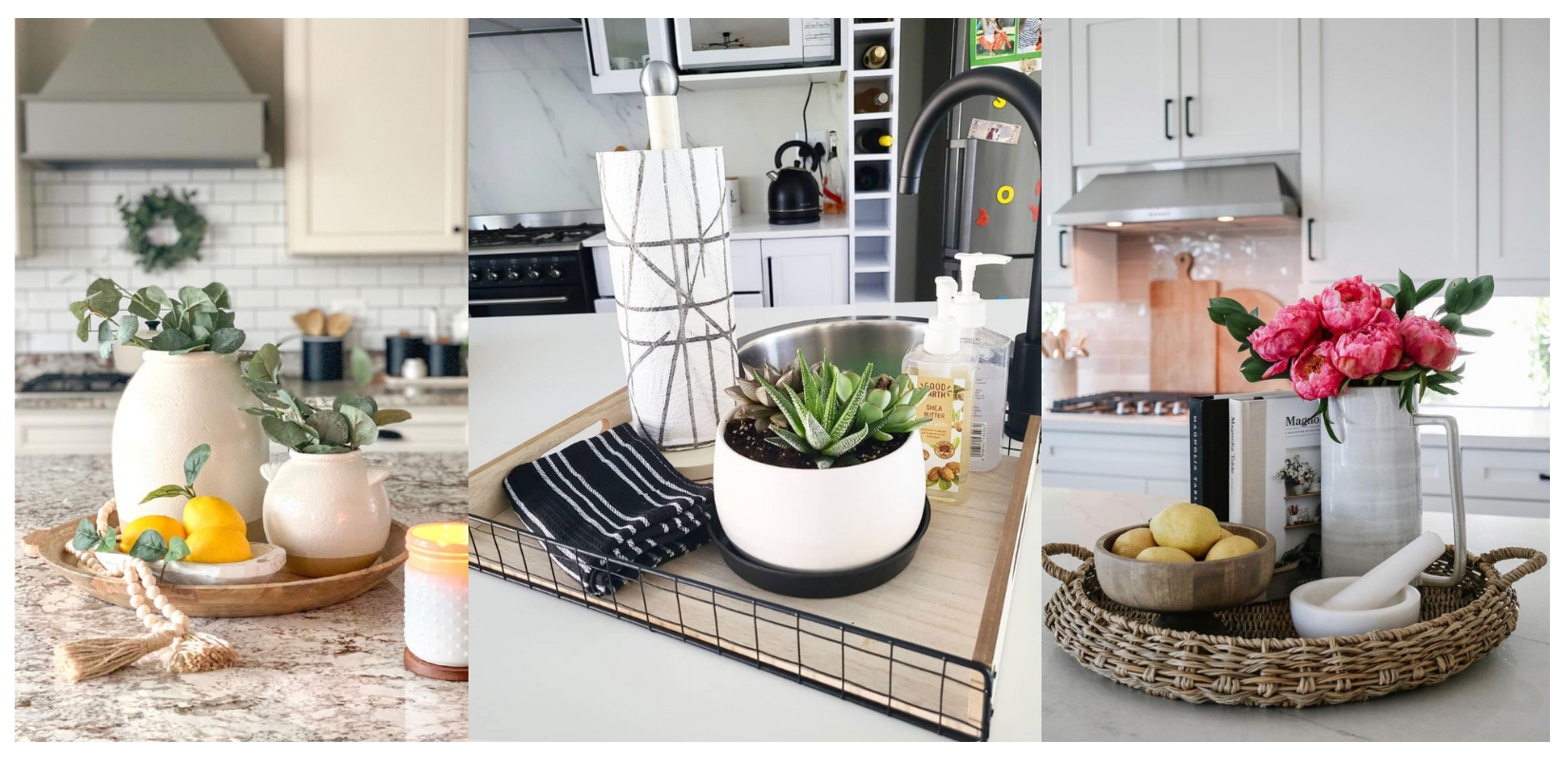 Layered trays and bowls with decorative elements on kitchen island