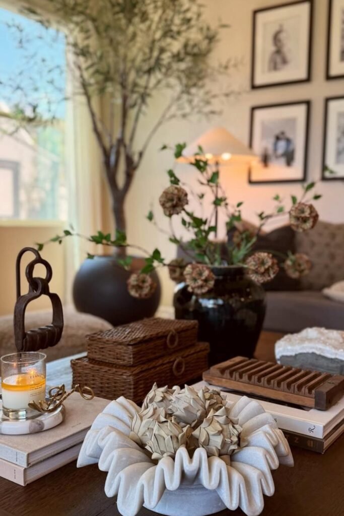 rustic coffee table with autumn decor