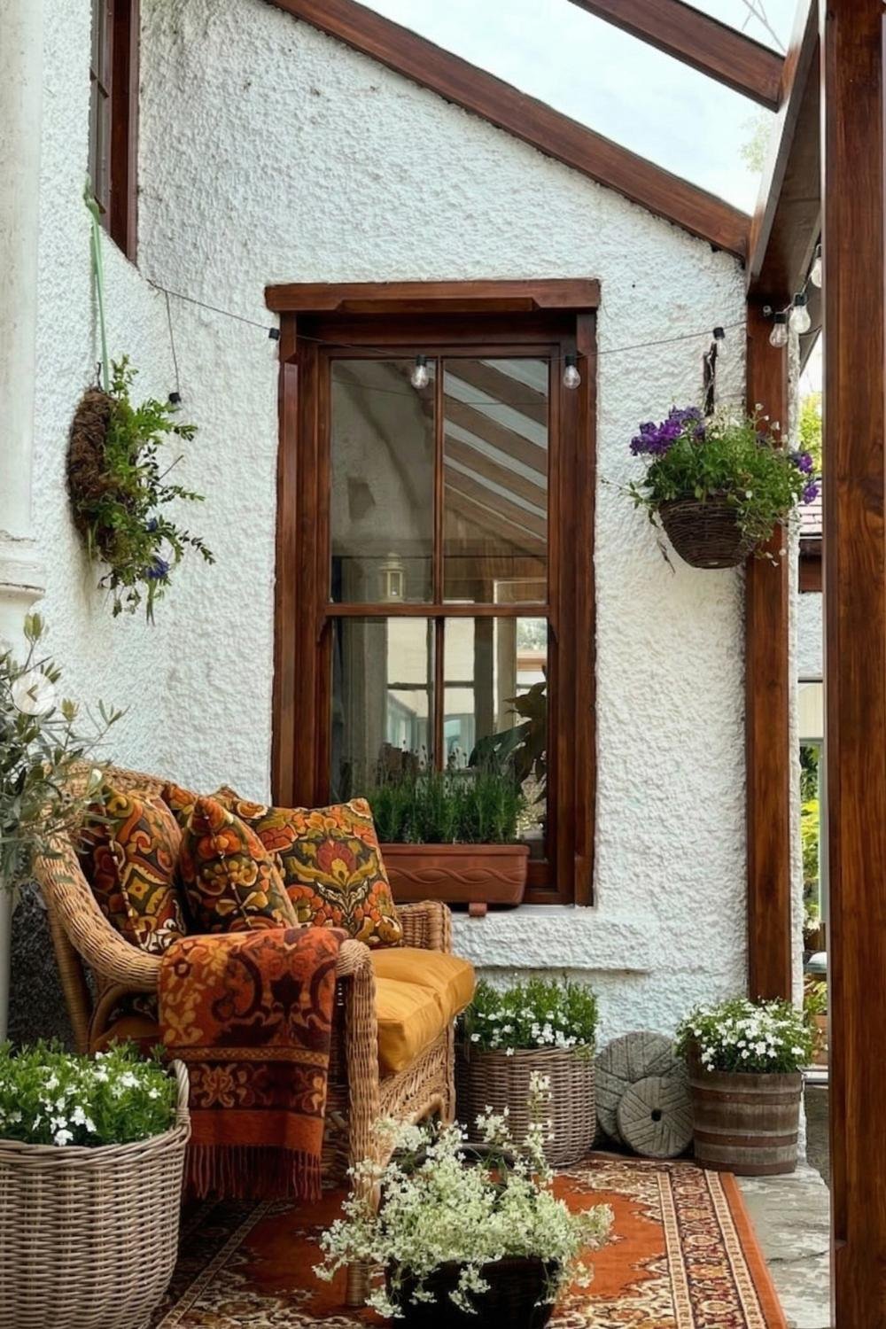 Warm cottagecore aesthetic porch nook featuring a wicker armchair with orange vintage patterned pillows and a dark wood window frame.