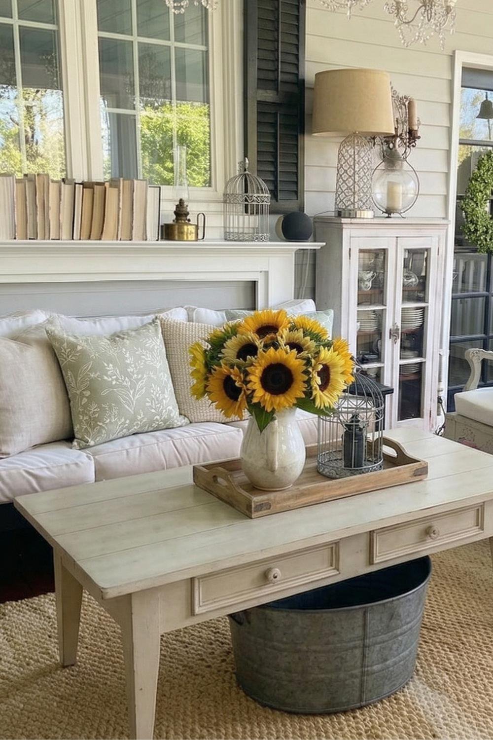Bright sunroom cottage decor with a white coffee table, sunflowers in a vase, and light green floral pillows on a cozy sofa.