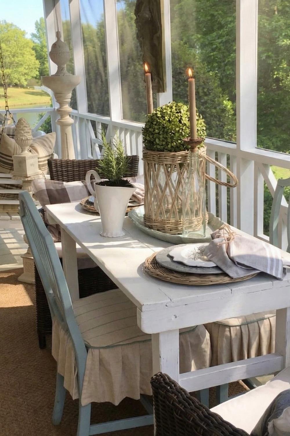 Screened-in porch dining area with a white farmhouse table, light blue chairs, and elegant table setting overlooking a garden