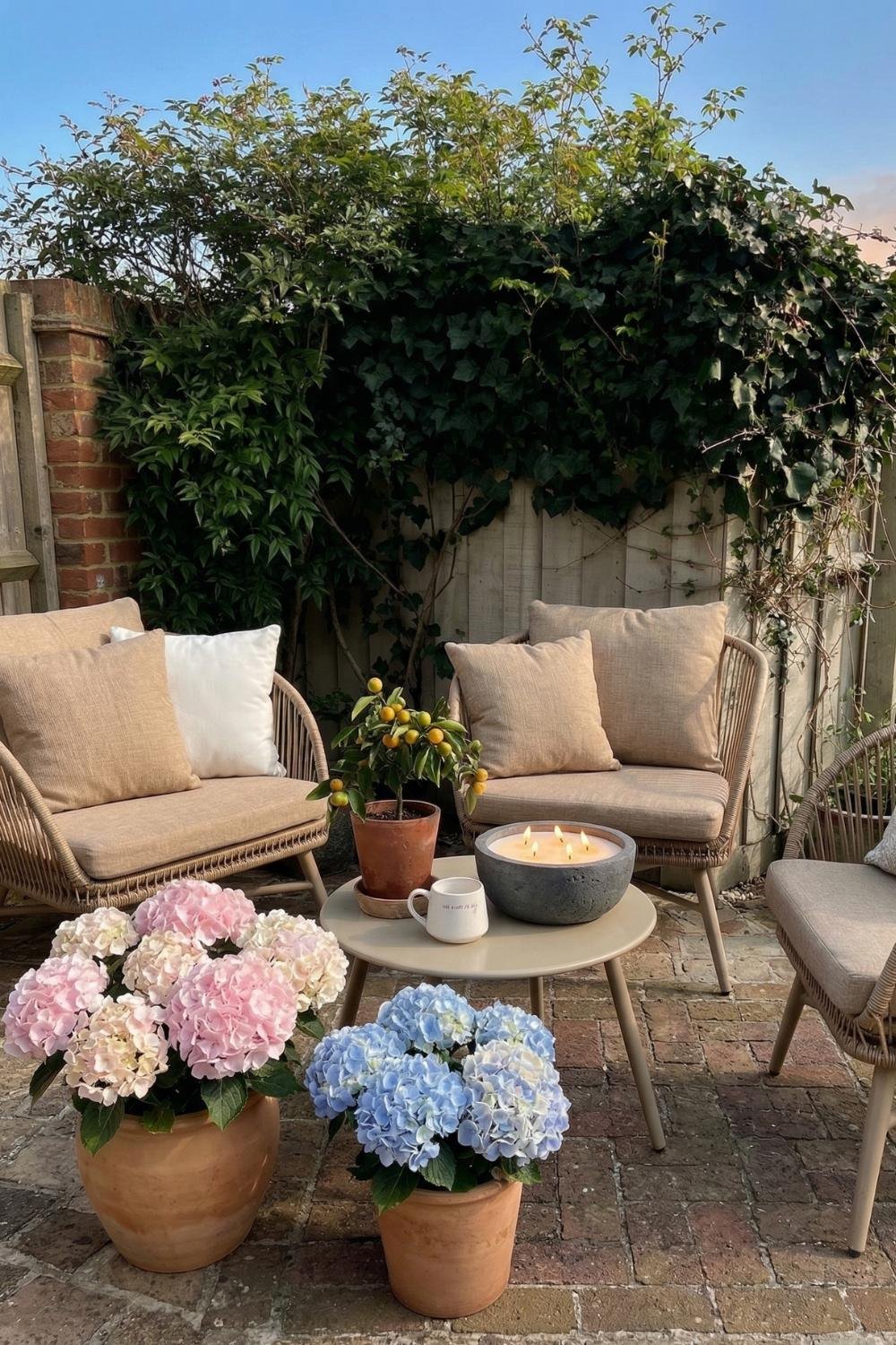 Sunset cottagecore patio decor with light beige wicker chairs, a lit citronella candle, and terracotta pots of pink and blue hydrangeas.
