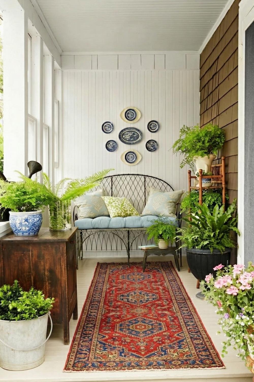 Long cottage core porch with a black metal bench, light blue cushions, and a red vintage patterned runner rug.