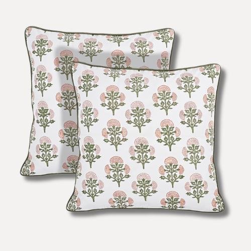 pink and green patterned throw cotton pillows with a classic, vintage print