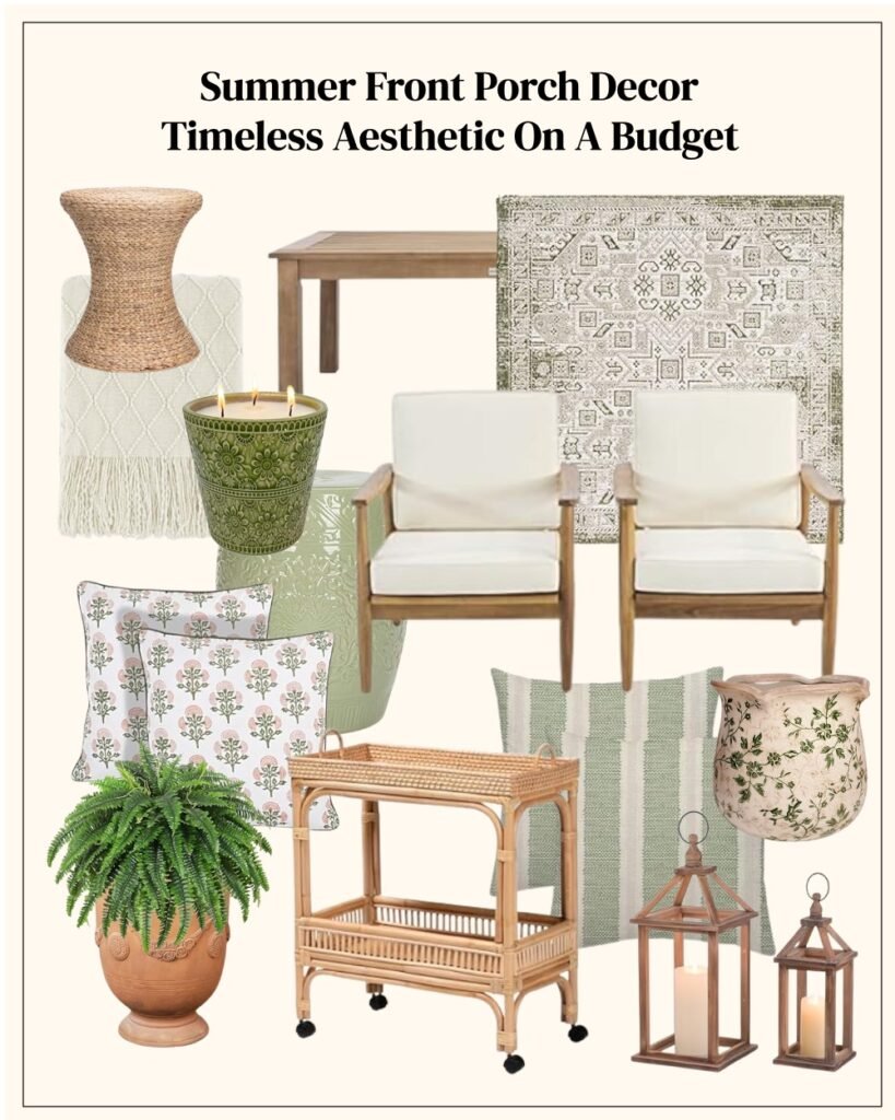 Collage of budget-friendly summer front porch decor featuring neutral wicker stools, wooden table, patterned rug, white cushioned chairs, decorative pillows, green plants in terracotta pots, candles, lanterns, and a rattan serving cart, styled for timeless chic outdoor living.