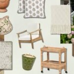 A collage of outdoor porch decor in soft neutral and green tones, featuring woven lanterns with candles on a windowsill, patterned and textured throw pillows, ceramic planters, a cushioned wooden armchair, a light patterned rug, a fringed throw blanket, a wicker side table, a wooden coffee table, a rolling rattan bar cart, a green candle, and lush garden plants including blooming hydrangeas and a fern.