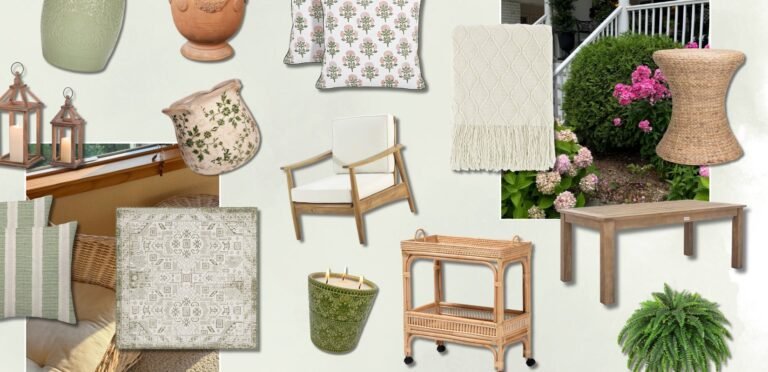 A collage of outdoor porch decor in soft neutral and green tones, featuring woven lanterns with candles on a windowsill, patterned and textured throw pillows, ceramic planters, a cushioned wooden armchair, a light patterned rug, a fringed throw blanket, a wicker side table, a wooden coffee table, a rolling rattan bar cart, a green candle, and lush garden plants including blooming hydrangeas and a fern.