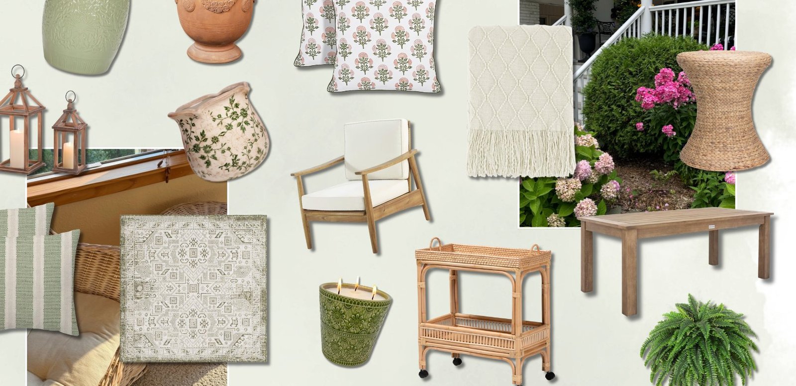 A collage of outdoor porch decor in soft neutral and green tones, featuring woven lanterns with candles on a windowsill, patterned and textured throw pillows, ceramic planters, a cushioned wooden armchair, a light patterned rug, a fringed throw blanket, a wicker side table, a wooden coffee table, a rolling rattan bar cart, a green candle, and lush garden plants including blooming hydrangeas and a fern.